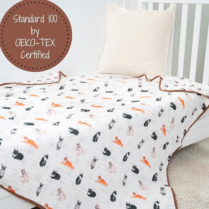 LollyBanks Muslin Baby Blanket 100% Organic Cotton, Muslin Quilt Lightweight, 6 Layers Baby Blankets 47"x 47", Toddler Blanket for Boy and Girl, Nursery Receiving Blankets (Cats Print)