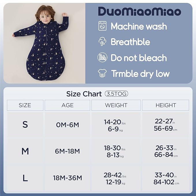 Duomiaomiao 3.5 TOG Baby Sleep Sack 100% Cotton Winter Long Sleeve Baby Wearable Blanket, Super Warm Quilted Comfy Toddler Sleeping Sack