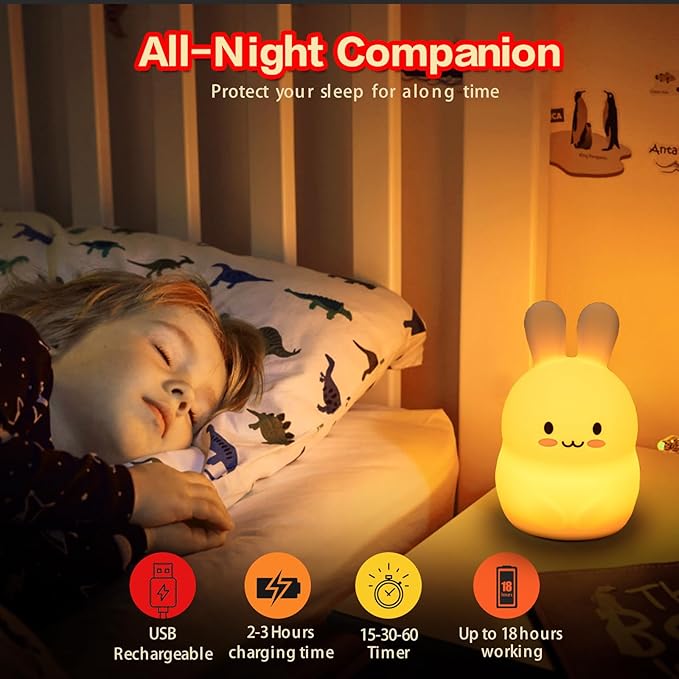 WHA&DARREN Large Rabbit Night Light for Kids,Cute Baby Night Light, Silicone Bedside Lamp,Sleep LED Lights, Eye Caring, Adjustable Brightness & Color, Time Setting, Touch Control & Remote Control