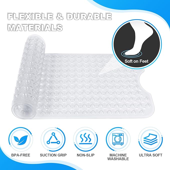 Linoows Bathtub and Shower Mats, 40x16 Inch Extra Large Non Slip Soft Bath Tub Mat with Suction Cups and Drain Holes for Bathroom Floor and Keep Tubs Clean, Machine Washable, Clear