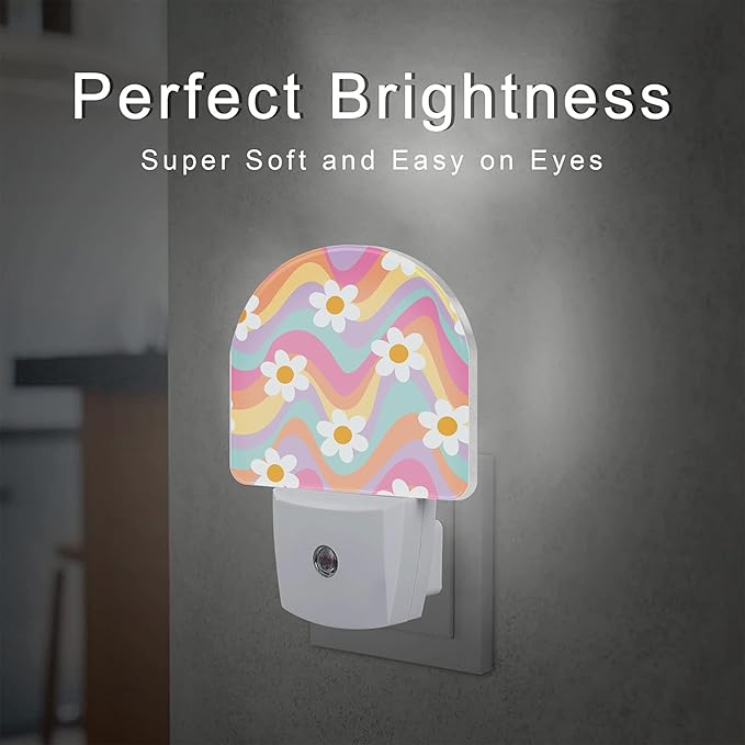Groovy Hippie Daisies Flowers Night Light for Kids,Retro Rainbow Wavy Floral Night Light Plug in with Dusk to Dawn Sensor,0.5w Energy Saving Nightlight for Hallway Stairway Kitchen Bedroom