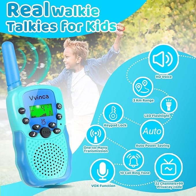 Vvinca Rechargeable Walkie Talkies for Kids, Long Range 22 Channels 2 Way Kids Walkie Talkie with Flashlight for Camping Hiking Indoor Outdoor Toy 3 4 5 6-12 Boy Girl Christmas Birthday Gifts 2 Packs
