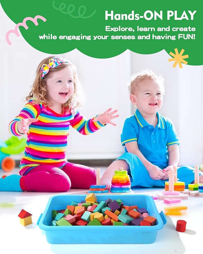 Sensory Bin Sand Tray with Lid for Toddlers 2 Pcs 15in Portable Sandbox Toy Large Plastic Tray for Kids 3 4 5 6 Fill with Sand, Water, Beads, and More (2 Blue)