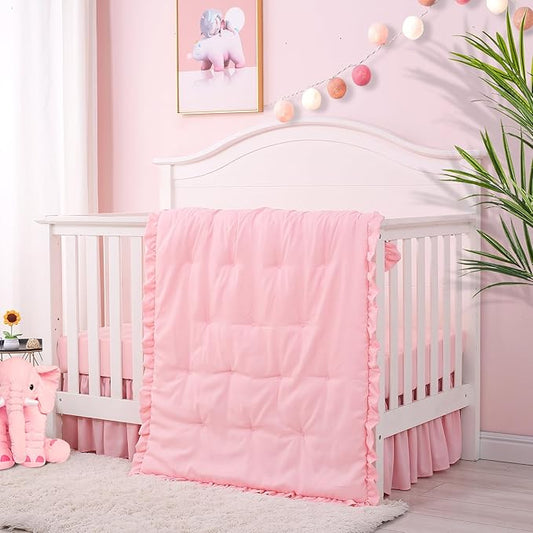 Cloele 3 Pieces Crib Bedding Set for Girls- Solid Ruffle Quilted Includes Comforter Fitted Sheet Crib Skirt,Cute Ruffled Nursery Baby Crib Standard Size Baby Bedding Set Pink