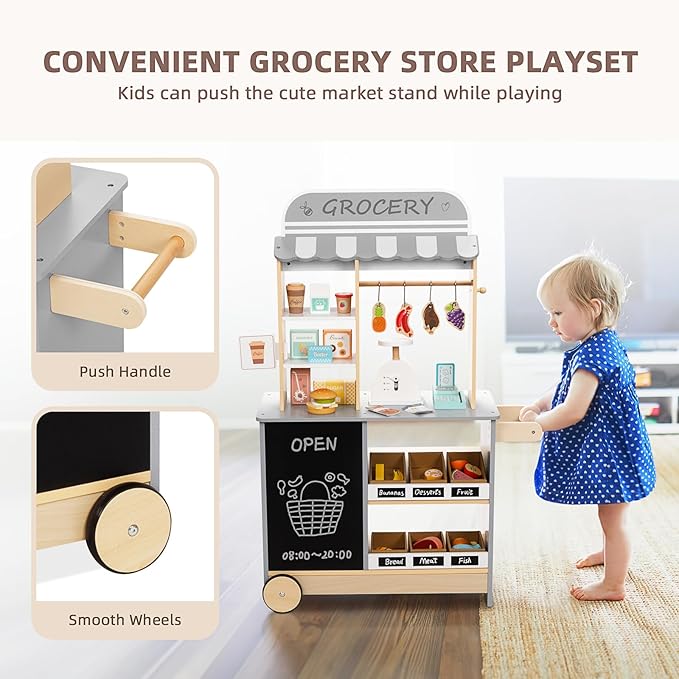 OOOK All-in-One Grocery Store Pretend Play with Chalkboards, Reversible Kids Grocery Store Playset with Oven, Scale, Rolling Wheels, Cash Register and More, for Kids Aged 3+