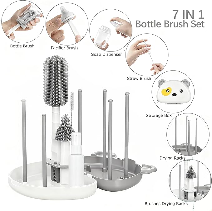 Baby Bottle Brush Set - 7 in1 Travel Bottle Cleaner Kit with Silicone Brush, Nipple Brush, Straw Brush, Bottle Drying Rack, Soap Dispenser, Storage Box, Baby Travel Essential Gift for Parents (Grey)