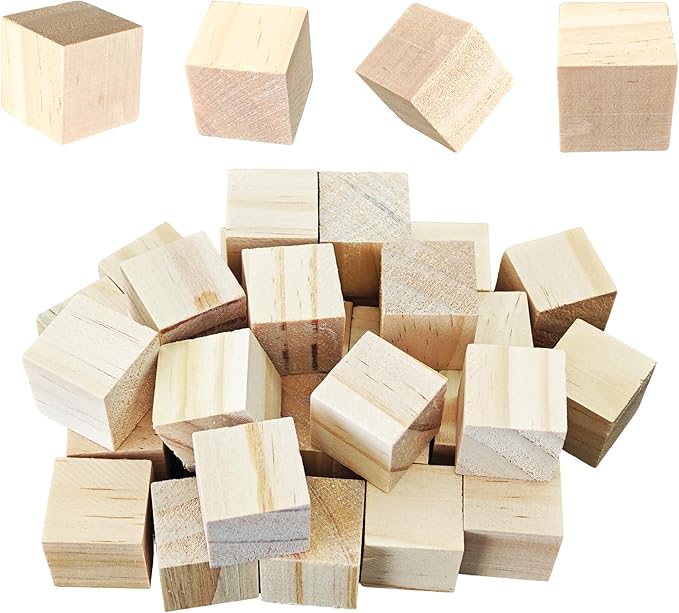 30Pcs 2.5cm Unfinished Wood Cubes, 1” Natural Square Wooden Blocks for Math Counting, Crafts, and DIY Projects