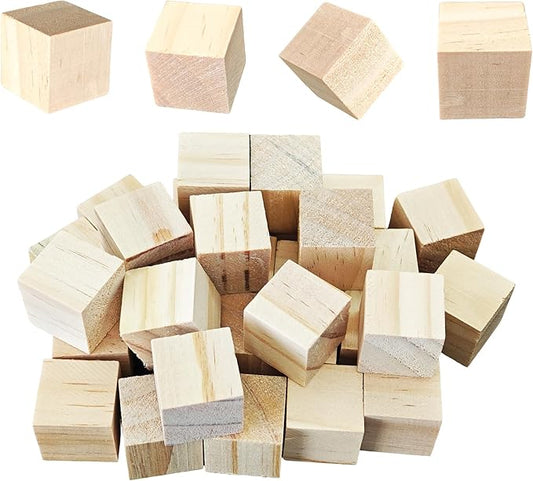 30Pcs 2.5cm Unfinished Wood Cubes, 1” Natural Square Wooden Blocks for Math Counting, Crafts, and DIY Projects