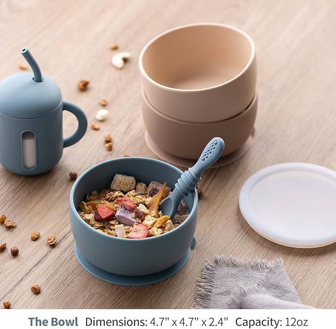 SAMiGO Silicone Baby Bowl and Spoon Set with Suction and Lid, First Stage Self Feeding Essentials, Food Bowl for 6+ Months