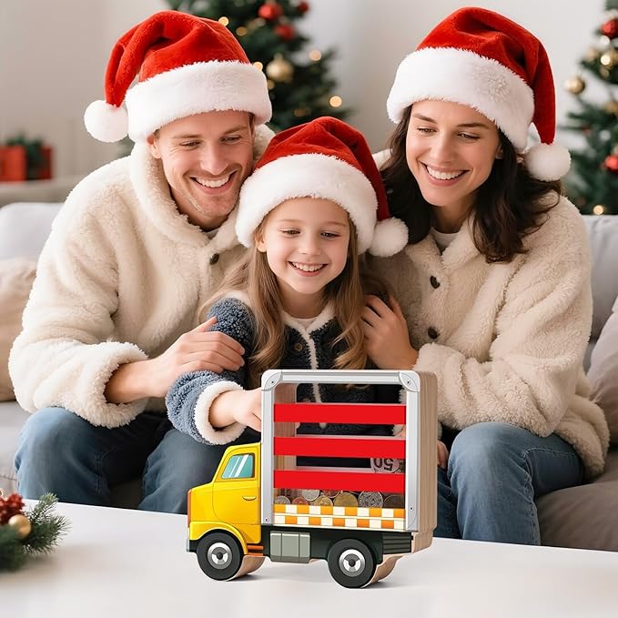 Wooden Piggy Bank for Kids, Truck Piggy Bank with Acrylic Panels, Unbreakable Toddler Money Box for Boys and Girls, DIY Kids Safe Coin Box with Letter Sticker, Birthday Gift