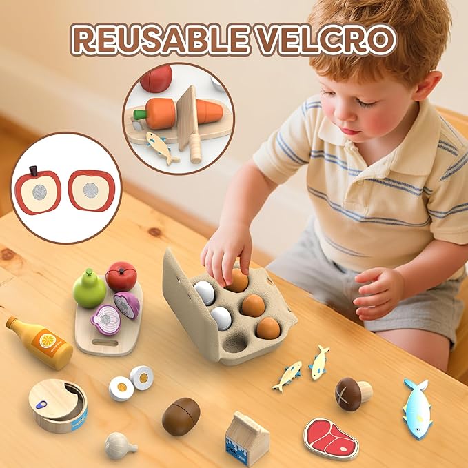 Wooden Play Food Toys for Kids - Pretend Play Kitchen Accessories Toy Set for Toddlers, Cutting Fruits Vegetables Toys Gift for Boys Girls Ages Over 3 Year Old