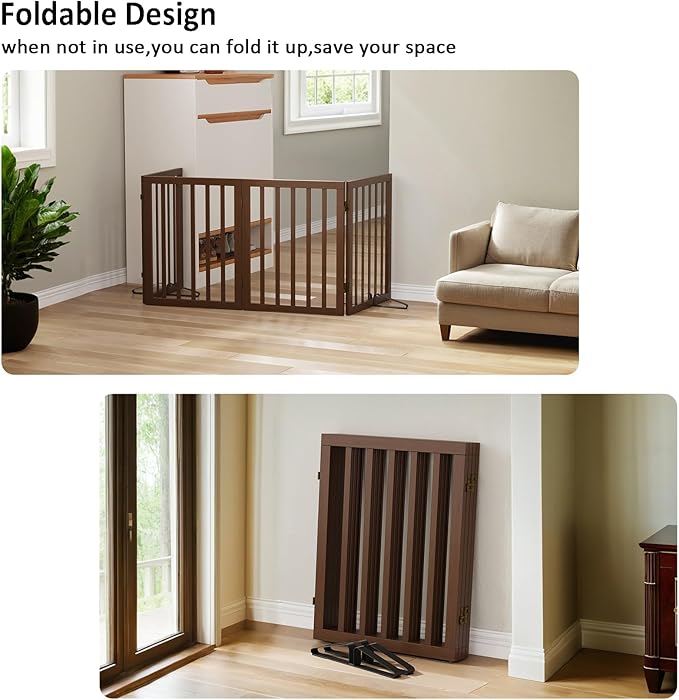 Dog Gate for Doorways 32" Tall Freestanding Dog Gate for Stair Foldable Pet Gate for Dogs Indoor (Brown,4 Panel)