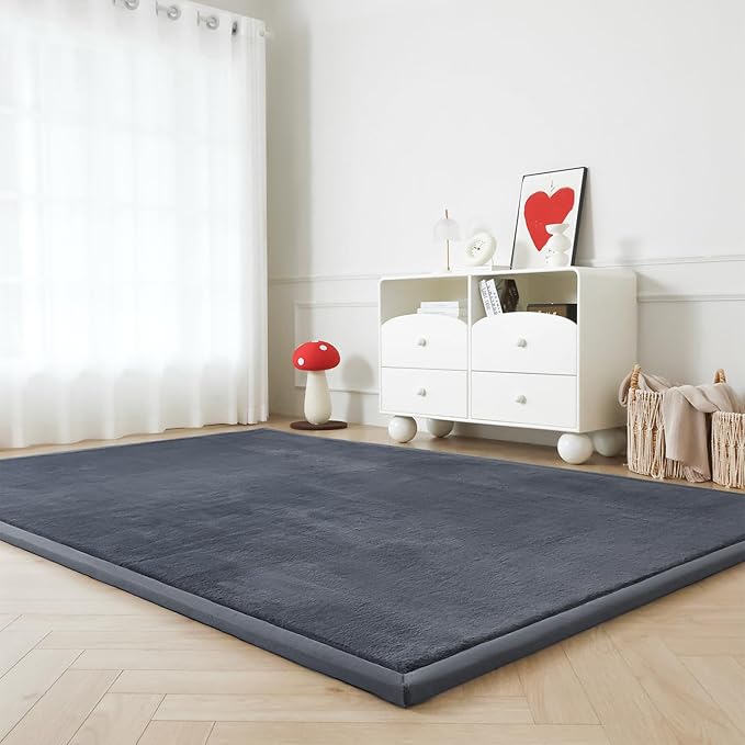Loartee Faux Rabbit Fur Rug - 1.18" Thick Soft Fluffy Area Rug, Non-Slip Memory Foam Crawling Mat, Dark Gray, 78"x110"