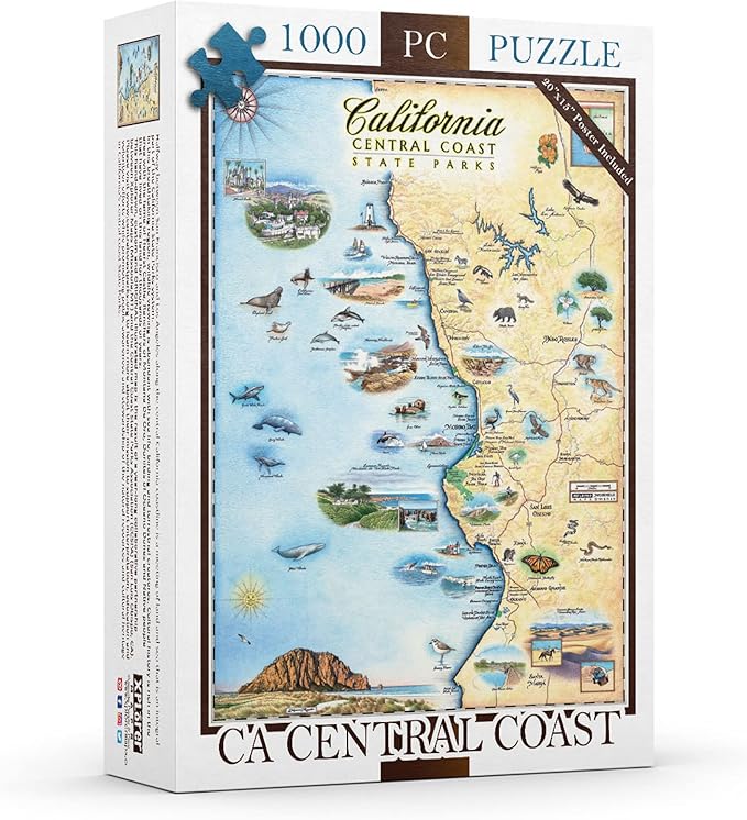 Central California Coast State Map Cardboard Jigsaw Puzzle - 1000 Pieces, Hand-Illustrated - Educational, Family Activity, Ages 7+, Includes Poster - 25.4 x 19.8