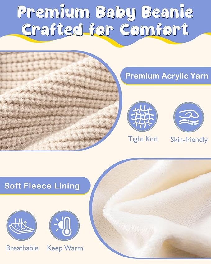 3 Pack Baby Winter Hats with Earflaps, 2 Size Kids Pom Pom Beanie for Infant Toddler Children, Smiley Face Hat for Girls Boys