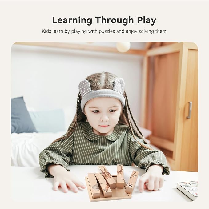 4 in 1 Wooden Animal Chunky Puzzle, 5 Solid Wood Puzzle Blocks with 4 Sides Realistic Safari Animals, Wooden Block Puzzle with Durable Base for Toddlers 3+ Years - Montessori Inspired