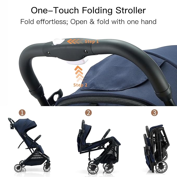 Compact Fold Baby Stroller, Lightweight Travel Toddler Stroller with One-Click Fold, Extendable UPF50+ Canopy, Cup Holder, UV Protected and Waterproof, One-Hand Folding - Blue