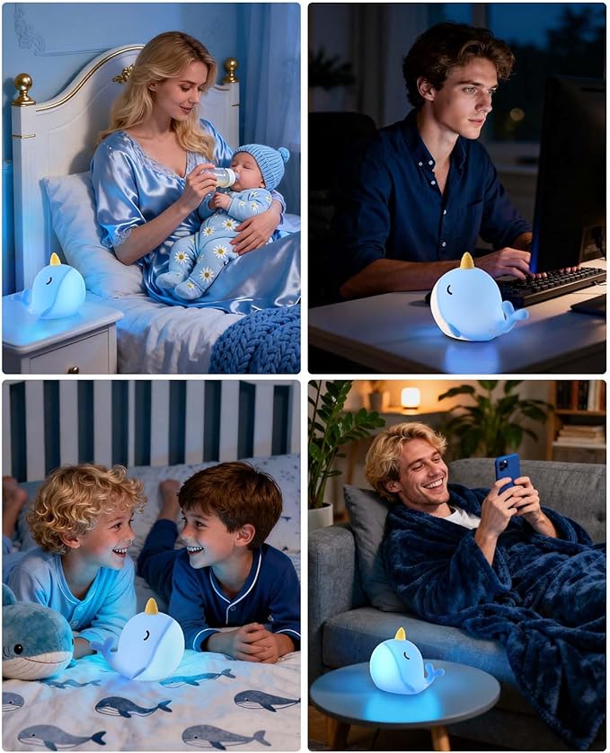 Fuloon Narwhal Night Light with Whale Shape, Squishy Silicone Kids Lamp, Safe & Soothing Touch Control for Kids and Babies, USB-C Rechargeable, 30-Min Auto Timer, Gift Idea (Blue)