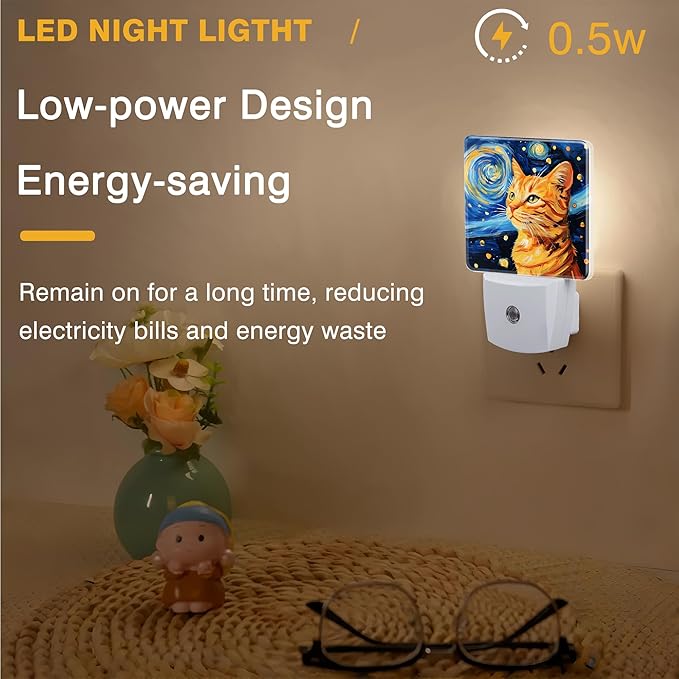 Night Light Orange Cat Watching Starry Night Night Lights Plug into Wall Smart Dusk to Dawn Sensor 0.5W Energy Efficient Led Lamp for Men Women Bedroom Bathroom Hallway Stairway Decor