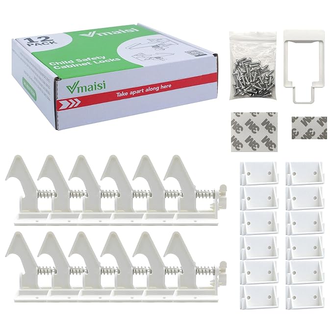 Vmaisi 12 Pack Cabinet Locks Child Safety Latches - Baby Proofing Cabinets Drawer Lock with Adhesive Easy Installation - No Drilling or Extra Screws (White)