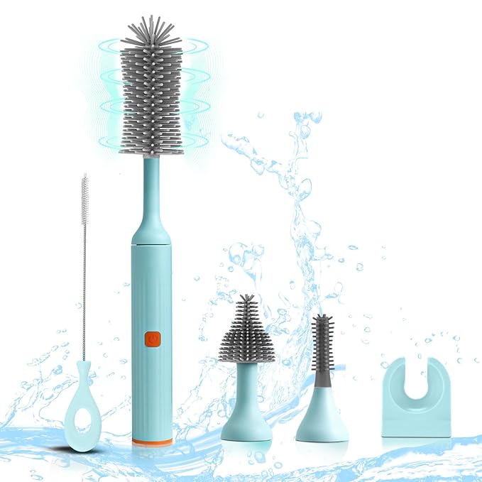 Electric Baby Bottle Brush Set with Rechargeable Electric Bottle Brush Cleaner and Replaceable Silicone Bottle Brushes and Straw Brush Cleaner, Waterproof Multi-Purpose Cleaning Brush(Blue)