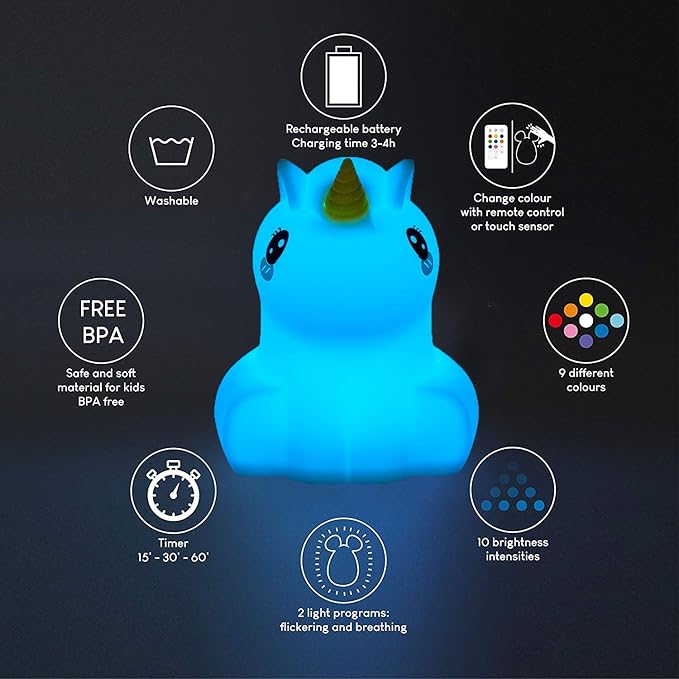 Night Lights Unicorn Nursery Lamp, Children Silicone Bedside Lighting Decorative Bedroom - Eye Caring, Adjustable Brightness & Color, Time Setting, Children's Gift Birthday Presents - Medium