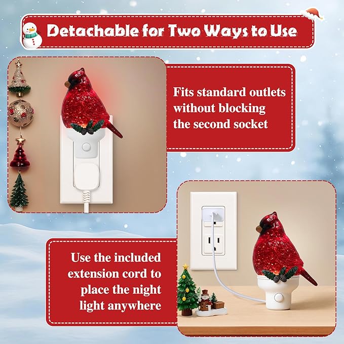 Christmas Cardinal Night Light Plug into Wall Glitter Water Nightlight with USB/Outlet Options, Christmas Decorative Nightlight for Bedroom Kitchen Nursery Hallway Holiday Decorations Gifts (Cardinal)