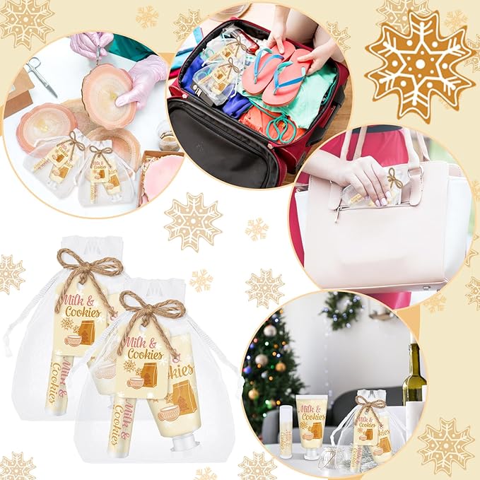 24 Sets Milk Cookies Hand Cream and Lip Balm Gifts Gingerbread Snowflake Baby Shower Favors for Guests Travel Size Hand Lotion and Lip Balm with Organza Bag and Tag Wedding Bridal Shower Party Supply