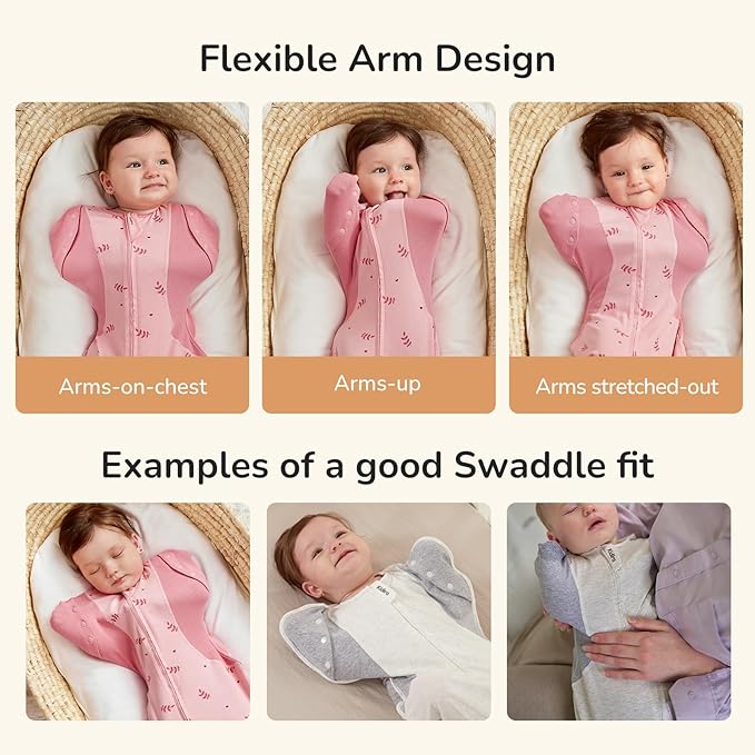 Transition Swaddle Sleep Sack, 3-6 Months, 12-18 lb, Arms In/Out, 2-Way Zipper, Moisture-Wicking Fabric, Improves Sleep, Snug Fit, Helps Calm Startle Reflex (Pink Print)