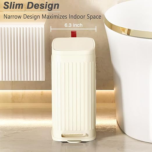 Small Bathroom Trash Can with Air Freshener Soft Close Lid, 6 Liter/ 1.6 Gallon Stainless Steel Garbage Can with Removable Inner Bucket,Step Pedal, Slim Wastebasket for Bedroom, Toilet (Ivory White)