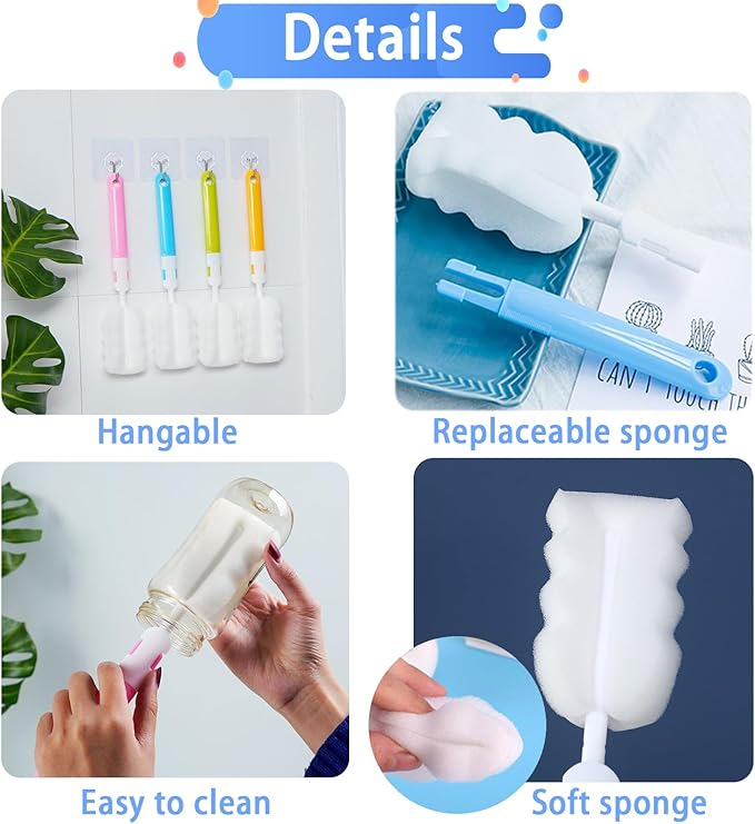 Bottle Brush 8PCS Sponge Cup Brush Set Cup Scrubber Brush Portable Long Handle Water Bottle Cleaner Brush for Baby Bottles Vacuum Flasks Mugs Glasswares (8PCS)