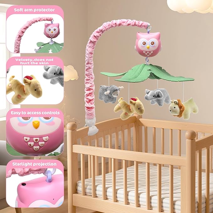 Baby Crib Mobile with Music and Lights for Boys Musical Mobile Animals for Crib Bassinet Girls Toys Hanging Portable Safari Nursery Decor Pink