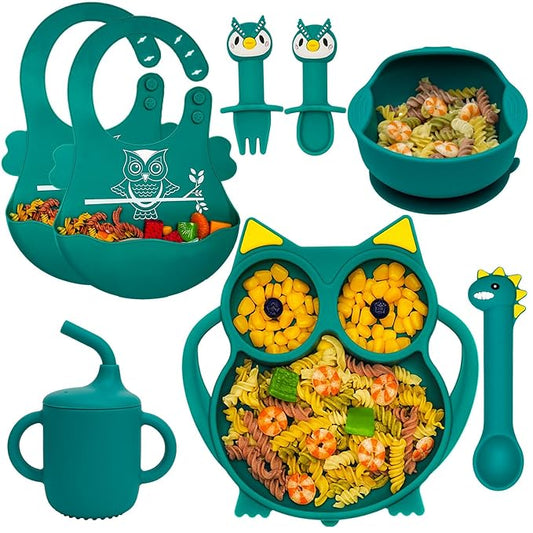 Silicone Feeding Set, Baby Led Weaning Supplies - Suction Plate and Bowl Set, Toddler Self Feeding Dish with Spoons, Forks, Sippy Cup and Adjustable Bib for 6+ Months - Blue