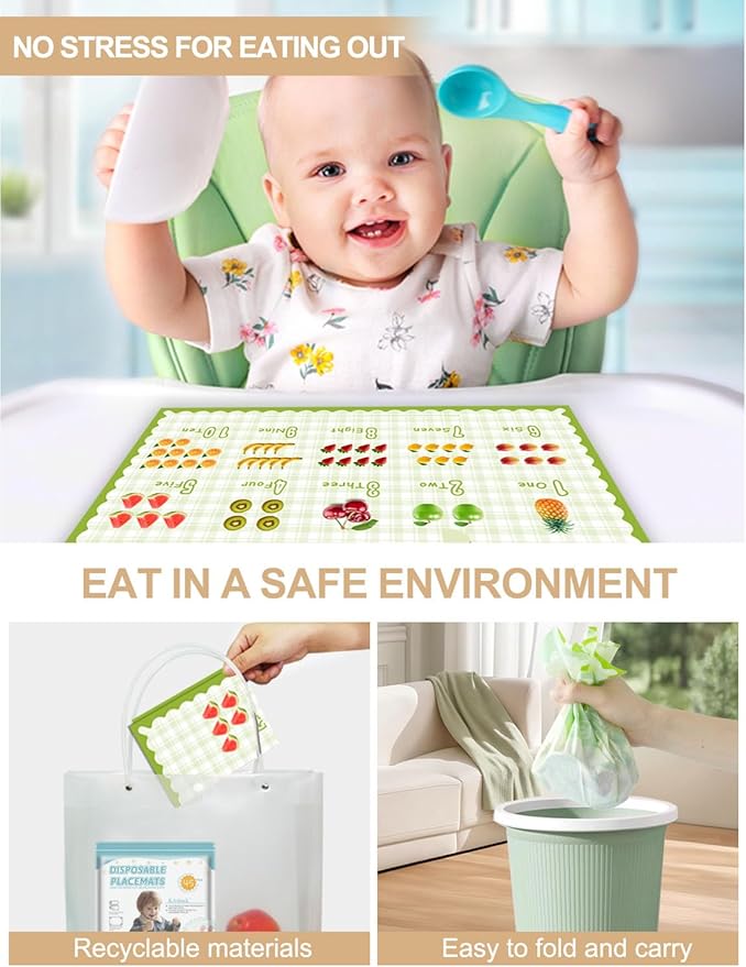 45 Pack Sticky Disposable Placemats for Baby & Toddlers,Cute Number Fruit Toddler Placemat 12"x18" Kids Table Mat for Party,Picnic Table,Restaurants Dining Table Travel Essentials for Toddlers