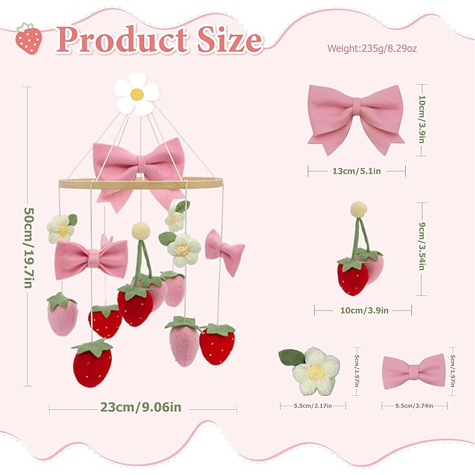 Strawberry Mobile for Crib Handmade Felt Nursery Decor Crib Mobile Goose for Bassinet Baby Shower Newborn Baby Gift (Bow Strawberry)