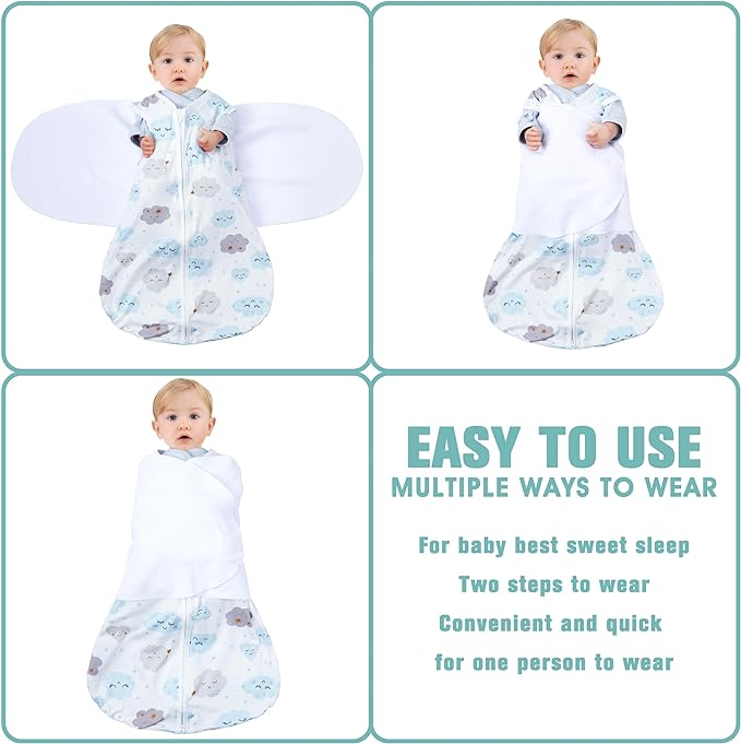 Newborn Sleep Sack Baby Swaddle,0-3 Months,3-Way Adjustable Wearable Blanket,100% Rayon Cotton Swaddling Sleeping Bag，TOG 0.5（Clouds&Starry Sky）
