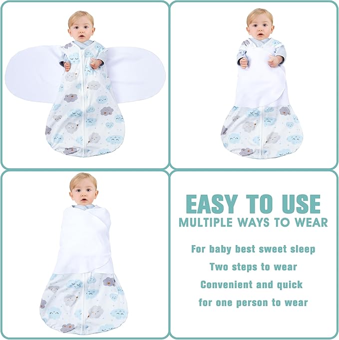 Newborn Sleep Sack Baby Swaddle,3-6 Months,3-Way Adjustable Wearable Blanket,100% Rayon Cotton Swaddling Sleeping Bag，TOG 0.5（Clouds&Starry Sky）