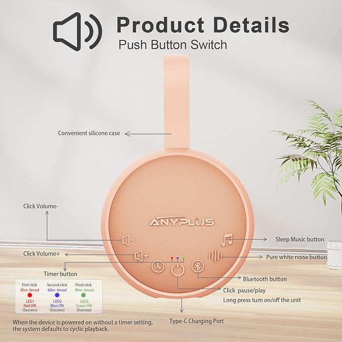 White Noise Sound Machine for Sleeping Adults & Baby, Portable Noise Machine with 24 Soothing Sounds, Bluetooth 5.1, Battery Powered, 3 Timer Settings, Memory Function for Home, Office, Travel(Orange)