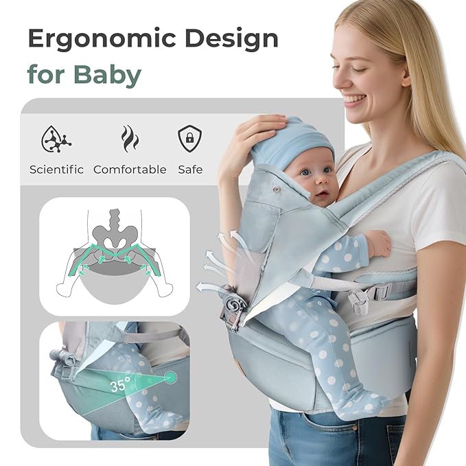 FRUITEAM 6-in-1 Baby Carrier with Waist Stool/Hip Seat for Breastfeeding, One Size Fits All - Adapt to Newborn, Infant & Toddler (Blue)