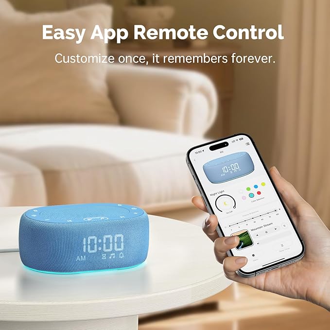 1Mii White Noise Sound Machine for Sleep, Pink Noise Machines for Baby Adults Sleeping, 18 Soothing Sounds with 7-Color Night Light, Timer, Alarm Clock, 16 Volume Levels, Remote App Control - Blue