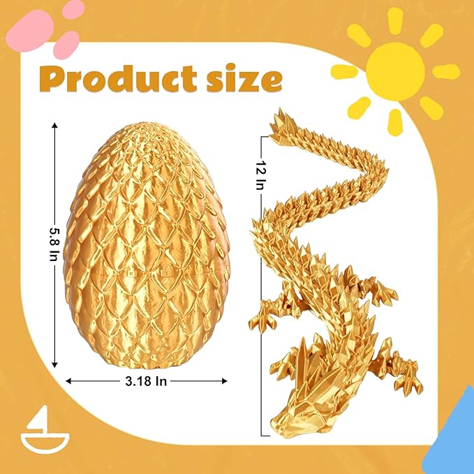 Dragon Eggs with Dragon Inside, 3D Printed Surprise Funny Gifts for Kids, Articulated Dragon Fidget Toys for Adults, Executive Desk Toys Office Room Décor (Gold, M-Size)