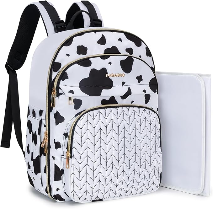 KABAQOO Baby Diaper Bag Backpack, Waterproof Diaper Backpack for Mom & Dad with Changing Pad, Insulated Pockets and Stroller Straps, Baby Shower Gifts for Girls & Boys, Cow