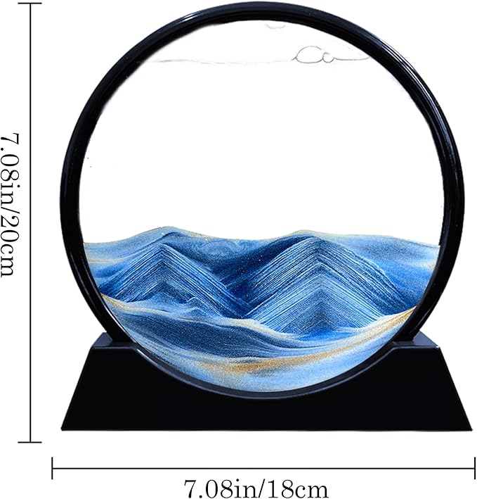 Aoderun Moving Sand Art Picture Round Glass 3D Deep Sea Sandscape in Motion Display Flowing Sand Frame Relaxing Desktop Home Office Work Decor (7", New Blue)