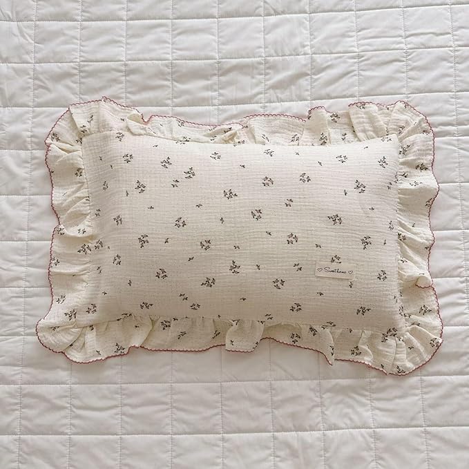 BuLuTu Cotton Muslin Kids Toddler Pillowcase with Ruffles, Chic Shabby Floral Pillow Cases, Girls Pillow Covers Fit 12"x16"/13"x18"/14"x19" Kids Pillow, Envelope Closure, Primrose Pattern, 1 Pack