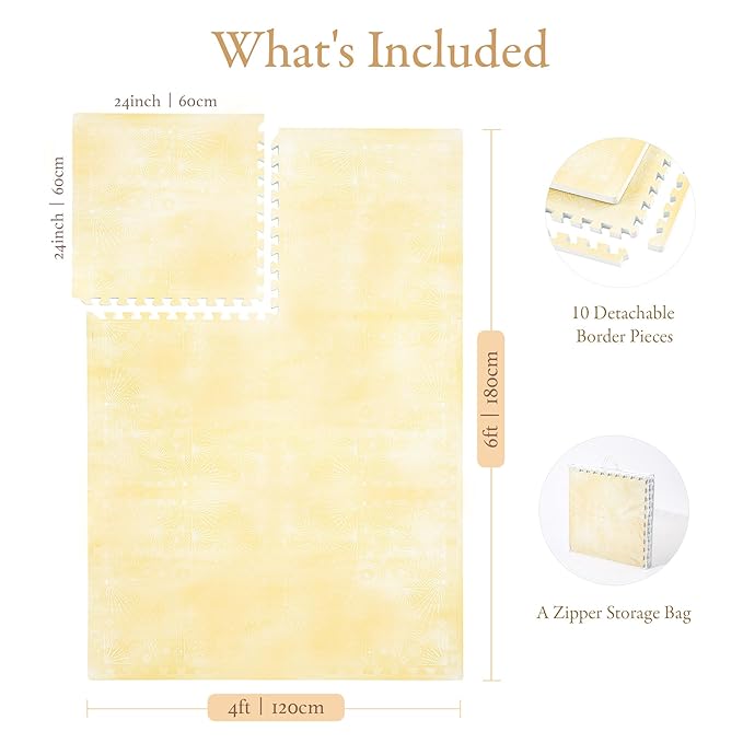 PopsyKosy Premium Exercise & Baby Foam Play Mats - Stylish & Large Non-Toxic Odorless Floor Mat - 6 Tiles - Spacious 6ft x 4ft - Peel-Resistant Reinforced - Soft Thick, Waterproof - Champagne Yellow