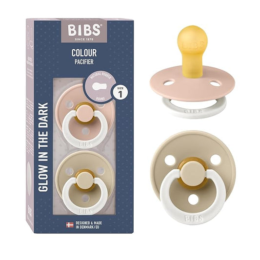BIBS Pacifiers Colour Collection | Natural Rubber Baby Pacifier | Set of 2 BPA-Free Soothers | Made in Denmark | 0+ Months (Pack of 2) | Blush Night/Vanilla Night