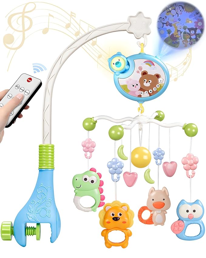 Crib Mobile With Music And Lights, Mobiles For Cribs, Baby Mobile Arm Toys Hanging For Bassinets Girls Boys, Nursery Musical Space Portable Infant Mobiles Clip On Pack And Play Hanger 0-6 Months