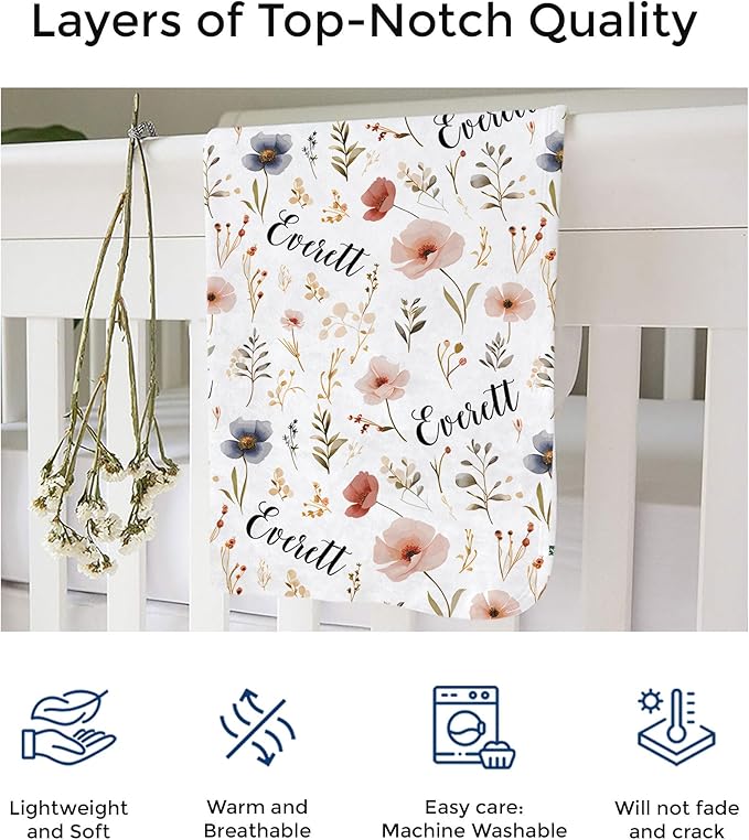 Custom Baby Blankets for Boys, Customized Baby Boy Gifts with Name, Personalized Baby Blankets, Soft Plush Fleece (Wildflower TM14)