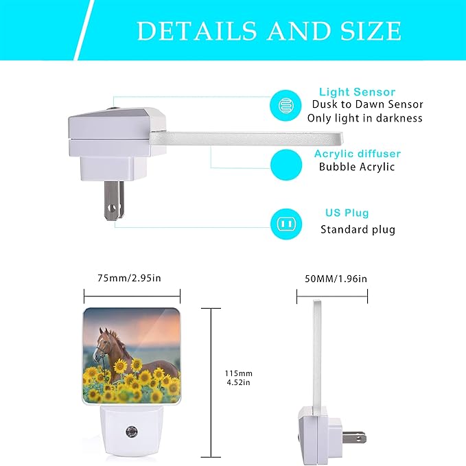 Horse Night Light,Sunflower Farm Animal Horses Plug-in Night Lights with Dusk-to-Dawn Sensor for Women/Girls/Boys Gift Sleep Friendly lamp for Bedroom, Bathroom and Living Room,0.5W