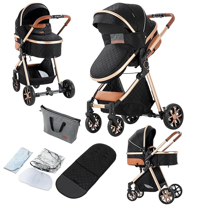 2 in 1 Baby Stroller, Convertible Pram, Reversible Standard Stroller, Portable Baby Buggy, Infant Carriage, Foldable High Landscape Pushchair for Toddler Newborn (225 Black Gold)